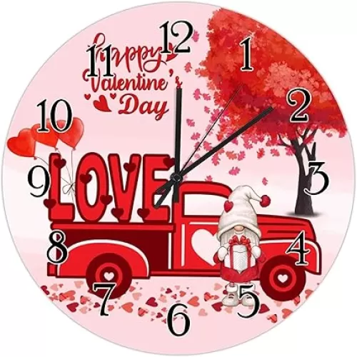Wooden Decorative Wall Clock Valentine Truck Red Love Tree Clocks Pink Hearts Valentine Gnome Wood Clocks Heart-Shaped Outline Valentine Battery Wood Clocks 10inch