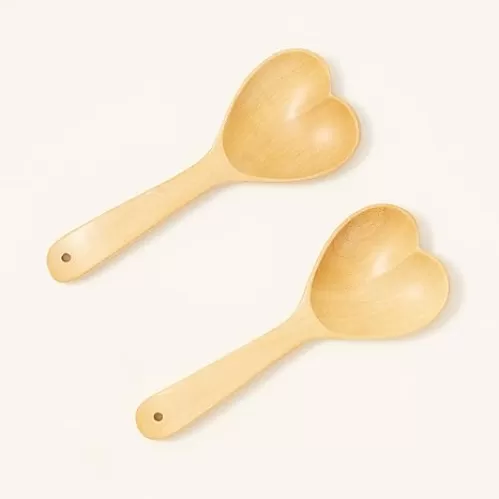 Wooden Set of 2 Pcs Heart Shaped Spoon - Romantic Kitchen Utensils, 8.5 Inch Short Handle, Serving Mixing Spoon for Valentine's Day, Mother's Day, Birthday, Wedding, Unique Gifts for Cooks