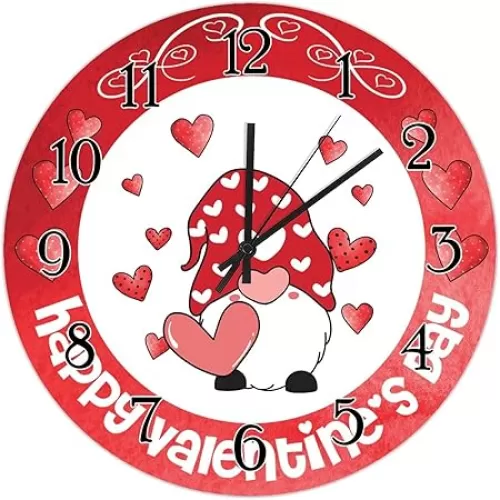 Wooden Wall Clock Happy Valentine's Day Gnome Wood Clock Red Heart Wreath Pink Gnome Wood Clocks Heart-Shaped Outline Valentine Battery Wood Clocks 12inch Birthday Gift to Women