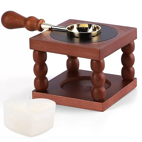 Wooden Wax Seal Warmer with Heat Resistant Brass Spoon and Heart Shaped Tea Candle for Wedding Invitations and Home Decorations