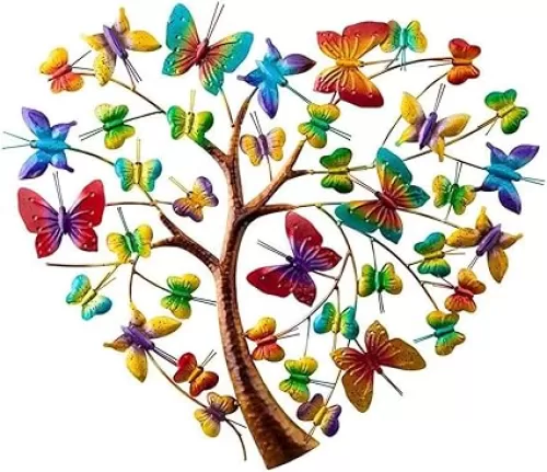 Xnchhou Wall Sculpture Handcrafted Branches Butterflies Decoration Tree Wall Metal Art Heart-Shaped Tree of Life Hanging Artwork Ornament for Home Indoor Living Room Bedroom Office