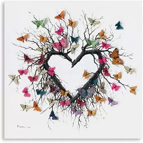 Yidepot Butterfly Canvas Print Wall Art for Bedroom: Heart Shaped Branches Surrounded by Colorful Butterflies Love Themed Picture for Teen Girls (12"x12"x1 Panel)