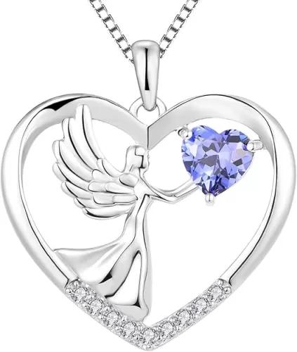 YL Heart Necklace Sterling Silver Angel Wings Love Pendant Birthstone Jewelry for Women