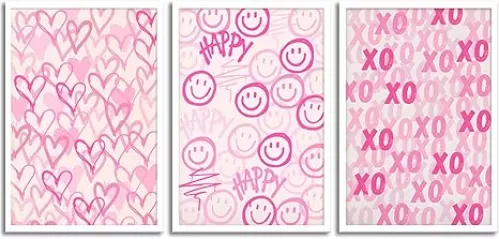 ZNHART Simplicity Pink Wall Art Set of 3 | Heart Shaped Doodle Smiley XO | Modern Canvas Prints for Girls Bedroom | Pink Wall Decor for Gallery, Dorm, or Home - Unframed 16x24 Inch