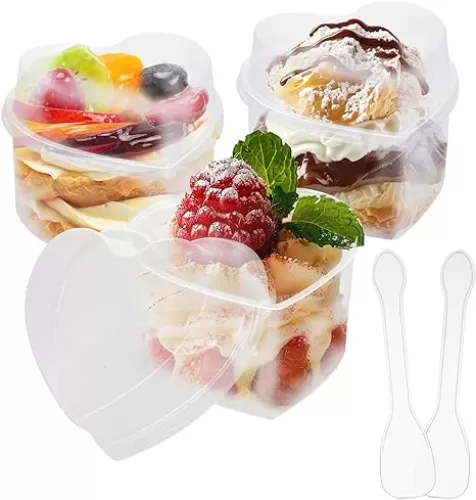 100 Pack Dessert Cups with Lids and Spoons, 5 oz Heart-Shaped Heart Shaped Plastic Dessert Cups Appetizer Parfait Cups for Parfait, Cake, Mousse, Appetizers