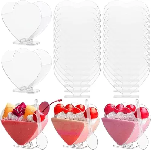 100 Pack Mini Plastic Heart Shaped Dessert Cups Set, 2.7 oz Parfait Cups with Spoons Disposable Clear Plastic Dessert Cups Appetizers Pudding Fruit Serve Cup for Valentine