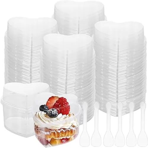 100 PCS 5 OZ Mini Dessert Cups with Lids and Spoons Heart-Shaped Disposable Dessert Cups with Lids Appetizer Parfait Cups Plastic Desert Cups for Party, Cake, Mousse, Jello Shot, Puddings