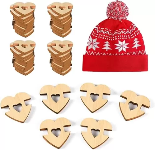 100 Pcs Pom Poms Buttons for Hats, 20mm Wooden Handmade Buttons Removable Love Button Faux Fur Pom Pom Holder Keepers Fastener for Beanies, Knitting, Crochet, DIY Craft Decoration（Heart Shape）