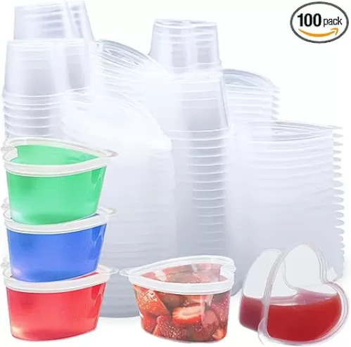 100 Sets 1 1/2 oz Heart Shaped Jello Shot Cups with Lids, Small Condiment Containers, Disposable Portion Cups, Plastic Souffle Cup, Mini Sample Tasting Cups, Dipping Sauce Cup To Go Bowls, Clear