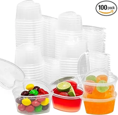 100 Sets 1.5 oz Heart Shaped Jello Shot Cups with Lids, Disposable Plastic Cups, Small Condiment Containers, Plastic Souffle Cup, Mini Sample Tasting Cups, Dipping Sauce Cup To Go Bowls, Clear