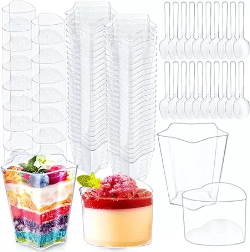 100Pcs Dessert Cups with Spoons, Heart/Five-Pointed Star Clear Plastic Parfait Cups, Disposable Appetizer Cups Containers, Mini Pudding Cups for Party Dessert Fruit Jello Pudding Yogurt Ice Cream