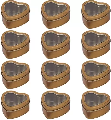 12 Pack 2 Ounce Metal Tins Cans, Heart Shaped Empty Containers with Clear Window Lids for Candles, Arts & Crafts, Storage in Kitchen & Office Use, Gold