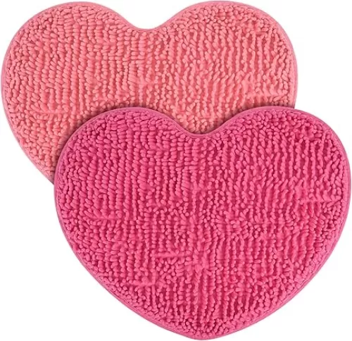 2 PCS Heart Rug Pink Home Decorations Indoor Heart Shaped Door Mat Pink Bathroom Shag Shower Mat Washable Soft Fluffy Doormat Heart Area Rug for Home Living Room