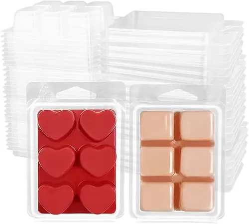 200 Pack Wax Melt Clamshells Molds, 6-Cavity Clear Empty Plastic Square & Heart Shape Cube Wax Melt Container for DIY Wax Melt Candles Wickless Tarts Candles (Square+Heart)