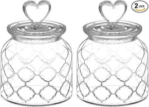 22 oz Clear Glass Canister with Cute Heart shaped Lids Set, Food Storage Glass Jars with Airtight Lids for Kitchen and Dining Room, Grid/Set of 2