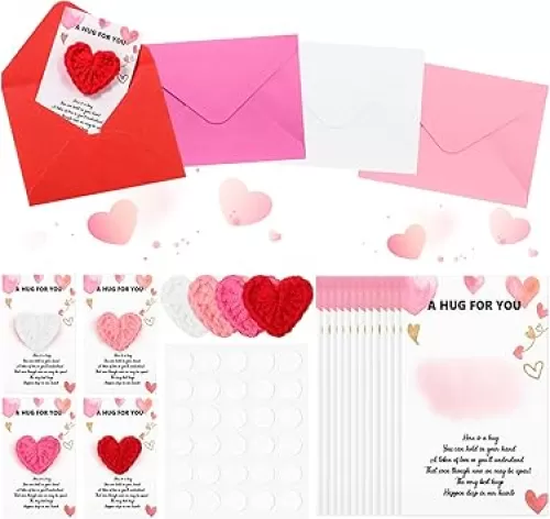 24 Sets Little Pocket Heart Cards Handmade Crochet Love Hug Cards Keepsake Exchange Cards Distance Social Present Heart Pocket Inspirational Greeting Cards for Valentine Vacation Festival