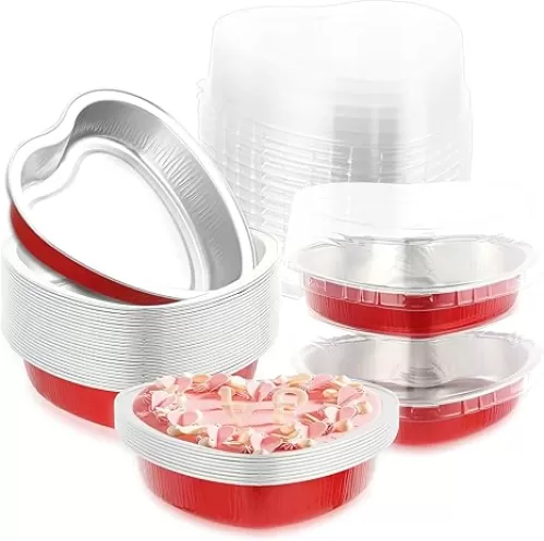 24pcs 225 ml/ 7.92 oz Aluminum Foil Heart Shaped Cake Pans with Clear Lids, Large Disposable Heart Cake Pan, Cupcake Baking Cups Liners Tins Ramekins Containers for Valentine's Day Food Wedding Party