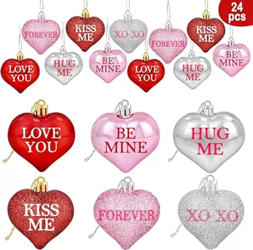 24pcs Valentine's Day Glitter Heart Shaped Ornaments - Valentine Decorations - Red Pink Silver Heart Baubles for Home Tree