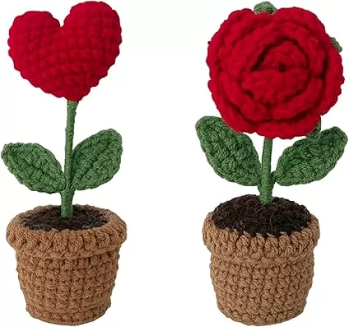 2PCS Crochet Flowers Bouquet, Knitting Crochet Forget Me Not Flower Potted Plants, Handmade Kintting Flowers for Gift Office Desk Flowers Plant Decorations for Car Dashboard Decoration(Roses and Love)