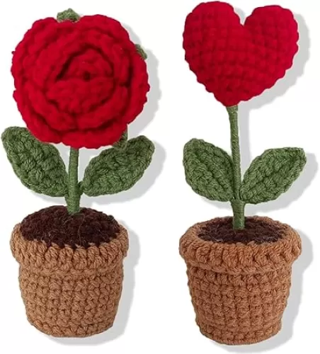2PCS Crocheted Rose Bouquet, Red Heart Handmade Crochet, Knitted Fake Flowers, Rose Artificial Desk Flowers for Bathroom Home Kitchen Rustic Table Centerpiece Shelf Decor