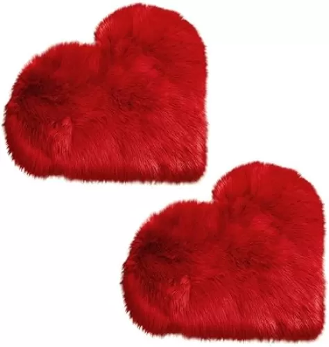 2Pcs Fluffy Heart Shaped Rug Heart Shaped Fluffy Faux Fur Area Rug Small Soft Room Carpet for Home Living Room Sofa Floor Bedroom(Red, 12 x 16 Inch)