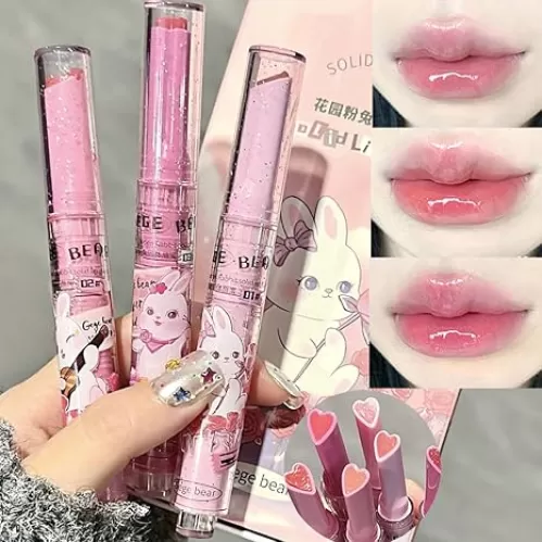 3 Colors Hydrating Lipstick Set, Sweet Heart Shape Glossy Finish Lipstick, Moisturizing Tinted Lip Balm, Long Lasting Vivid Color Lip Makeup for Girls (B)