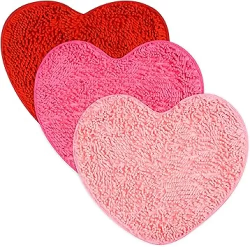 3 Pcs Valentine's Day Heart Shaped Rugs - Love Decorative Floor Welcome Mat, Non-Slip Washable Heart Shag Bath Door Mat Carpet for Home Bathroom Shower Floor, 20 x 24 Inches