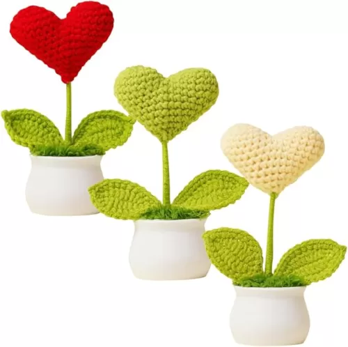 3 Pieces Mini Crochet Heart Flowers Potted Plants Handmade Heart Love Potted Plant Artificial Knitted Flower for Women Bulk Teacher Appreciation Presents, Green+Yellow+Red Love