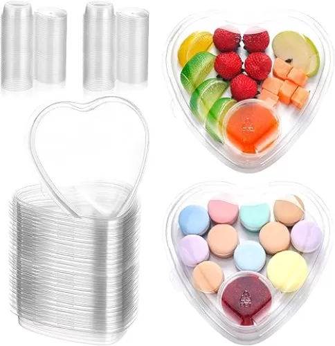30 Set Heart Fruit Tray with Lid 7. 5 Inch Disposable Veggie Appetizer Tray with 2 oz Clear Plastic Dip Cup for Serving Party Dessert Cups Food Dip Platter Container for Veggie Snack Party