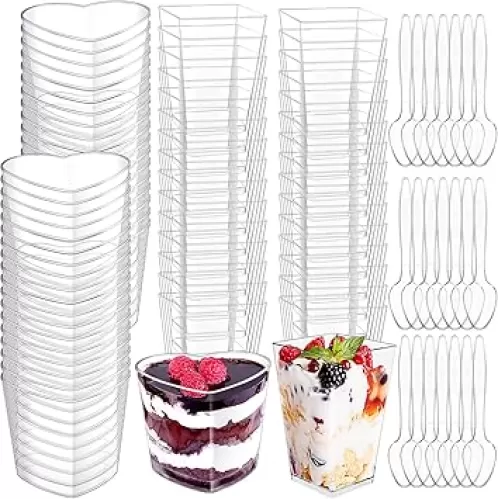 300 Pack Mini Dessert Cups with Spoons, 5 OZ Clear Plastic Dessert Parfait Cup Appetizer Cup for Party, Mini Reusable Square Heart Dessert Cups for Fruit Ice Cream Pudding Cup Bowls