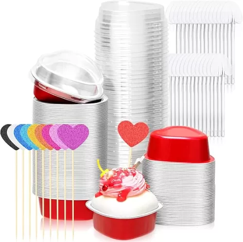 300 Pcs Valentine Day Heart Shaped Cake Pans Set 1.86 oz Disposable Mini Cake Pans with Lids Aluminum Brownie Baking Sheet with Mini Cupcake Topper for Baking Baby Shower Birthday Wedding Party