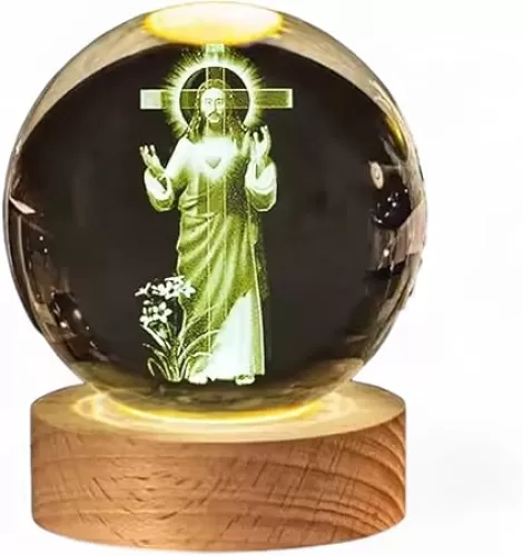 3D Crystal Jesus Statue with LED Light Base – 2.36in Sacred Heart of Jesus Glass Sphere for Christian Home Decor, Religious Gift for Men & Women, Catholic Collectible for Christmas