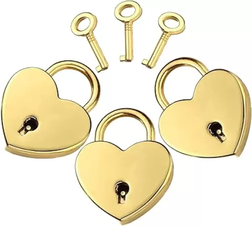 3Pcs Mini Golden Metal Heart Shaped Padlocks Small Vintage Lock with Key for Jewelry Box Storage Box Diary Book