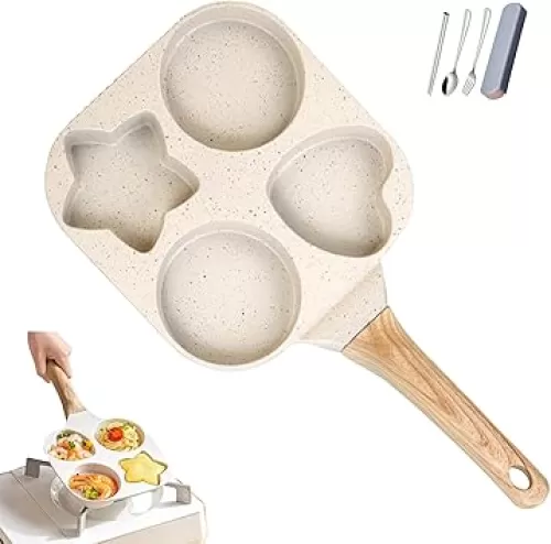 4 Hole Non Stick Egg Frying Pan, Nonstick Egg Frying Pan Shapes Star and Heart, 1 Set 4 Hole Skillet with Handle, Breakfast Cooker Pan for Cooking Eggs, Burger, Hamburger, or Bacon (White)