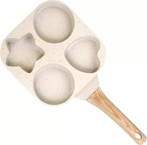 4 Hole Non Stick Egg Frying Pan with Heart & Star Molds, Granite Coated Omelette Skillet, Detachable Bakelite Handle for All Stoves (Gas/Induction), Breakfast Pan for Eggs, Pancakes (white)