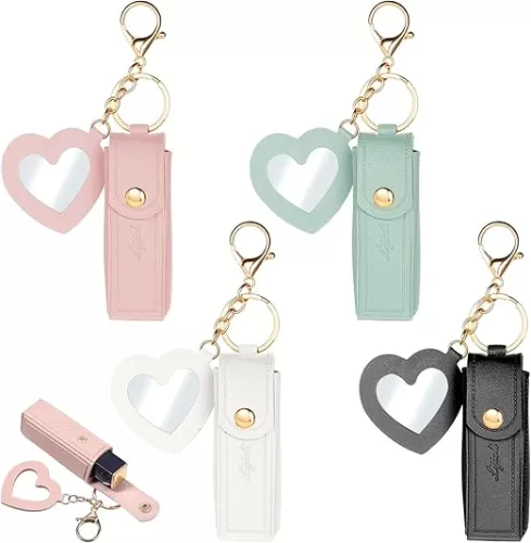 4 PCS Chapstick Keychain Holder with Heart-Shaped Small Mirror, PU Leather Potable Lipstick Holders Keychain, Chapstick Holder Key Chain, Lip Balm Holders Keychains for Women Travel Makeup Storage