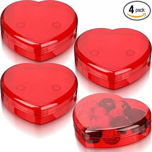 4 Pcs Mother's Day Heart Shaped Plastic Container, 5.9" W x 1.6" H Plastic Clear Plates with Red Clear Lids Anti-slip Ring Heart Dessert Plates Snack Tray for Mother's Day Party Table Decoration
