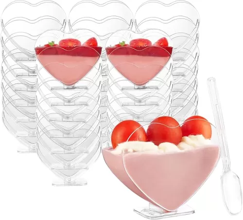 40 Pack 3oz Mini Dessert Cups with Spoons Heart-shape Bowls Great For Tasting Birthday Party Desserts Parfait Cup Shot Glasse Goblet Reusable Fruit Ice Cream Pudding Appetizer Cup Bowls