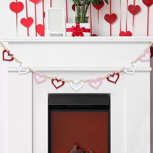 4.5 FT Valentines Day Heart Garland for Decorations, Wood Hollow Out Heart Garland with Beads NO DIY, Red Pink White Heart Valentine’s Banner Garland for Mantle, Fireplace, Party Home Decor （Hollow）