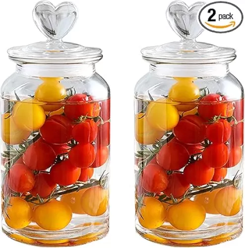 45 oz Clear Glass Heart Shaped Jars, Cute Candy Jars with Heart shaped Airtight Lids, Decorative Glass Canisters with Airtight Lids for Candy Cookie, Clear/Set of 2