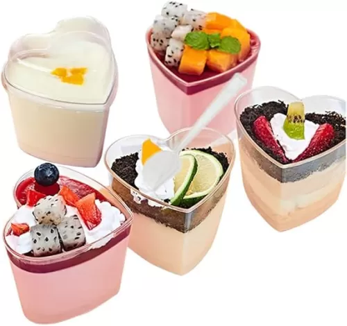 4oz/140ml Mini Dessert Cups - Clear Tasting Sample Shot Glasses 25 Piece Reusable of Plastic Heart-Shaped Dessert Cups + Lid + Spoon, Suitable for Cheese, Desserts, Jelly, Mousse, Ice Cream