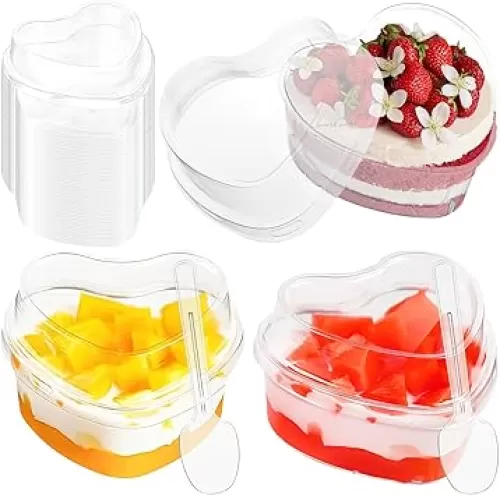 50 Pack Heart Shaped Dessert Cups with Lids and Spoons, Clear Plastic Appetizer Dessert Shooter Cups Cute Plastic Parfait Cups for Valentine