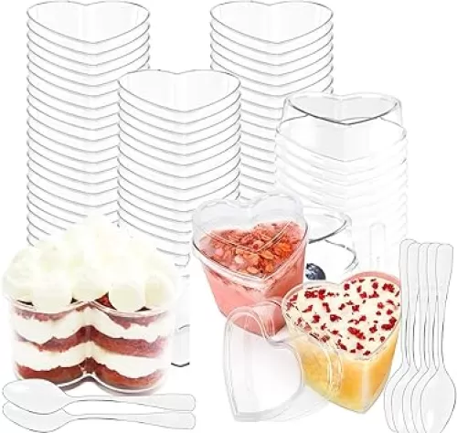 50 Pcs Heart-Shaped Plastic Dessert Cups with Lids and Spoons, 5 oz Clear Parfait Cups for Valentine