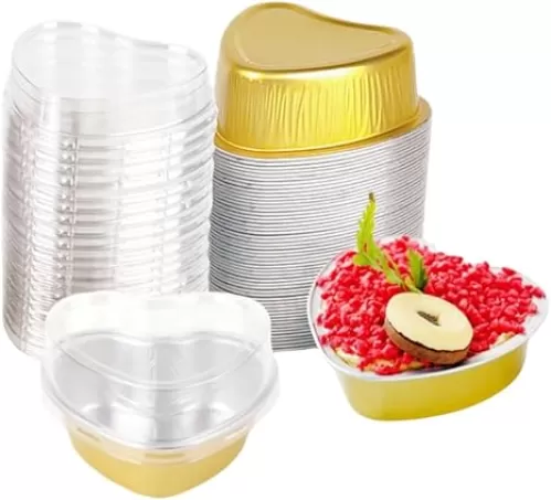 50 Sets Heart Shaped Cake Pans, Heart Shaped Baking Tins, 3.4oz/100ml Mini Aluminum Foil Cupcake Cups for Valentine