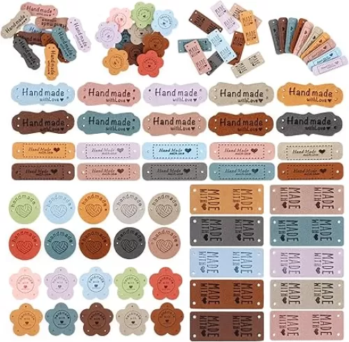 50pcs Handmade Tags for Crochet Handmade Leather Labels Faux Handmade with Love Leather Tags for Handmade Items Embellishment Knit Accessories with Hole for DIY Crafts Sewing Crochet Knitting Hats