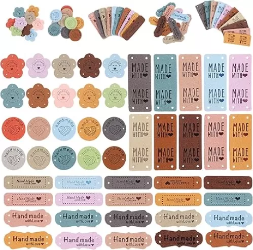 50Pcs Handmade with Love Tags, Colorful PU Leather Tags with Holes Crochet Tags Sewing Labels for Handmade Items Handmade Embossed Tag for DIY Crafts Knitting Shoes Hat Clothes Accessories