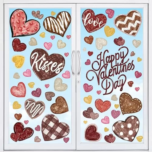 6 Sheets Brown Valentines Window Clings Love Heart Window Stickers Double-Sided Valentines Window Decals for Wedding Anniversary Party Holiday Home Store Window Glass Decoration