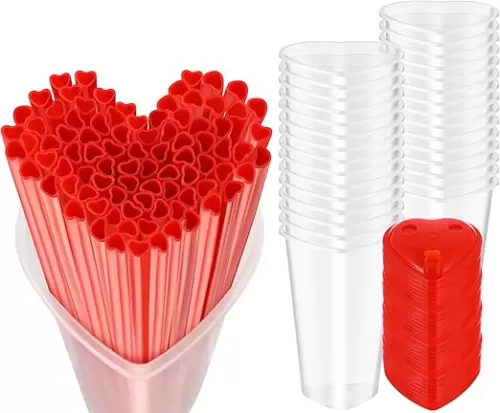60 Set Heart Shaped Plastic Cups with Straws 16 oz Disposable Cups with Lid and Straws for Valentines Birthday Wedding Anniversary Party Supplies