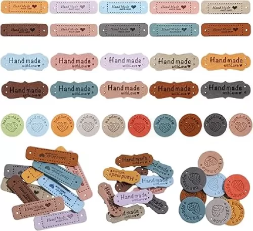 60Pcs Handmade Leather Labels Handmade Tags for Crochet Microfiber Colorful Leather Labels with Love Hearts Colorful PU Leather Labels with Holes (10 Colours)