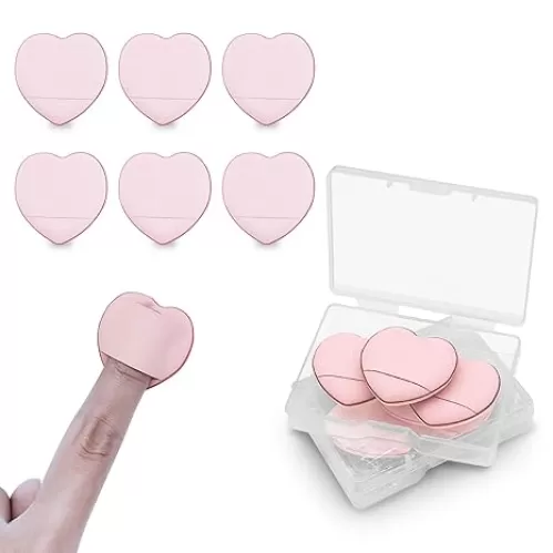 6pcs Heart Mini Powder Puffs, Finger Powder Puff with Carrying Case, Wet & Dry Makeup Puff for Foundation Concealer Cosmetics, Makeup Sponge for Women (Pink)